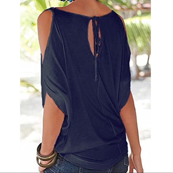 Dark blue Lascana for Venus cold shoulder, tie back, slit sleeve shirt (L) (NWT) - Picture 2 of 4